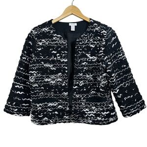 Chico’s Black White Cropped Open Front Jacket Blazer, Size 1, Medium